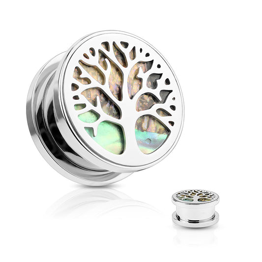 Abalone Inlaid under Tree of Life Top Surgical Steel Screw Fit Tunnel Plug