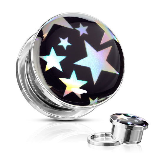 Stars Hologram Front Surgical Steel Screw Fit Tunnel Plug