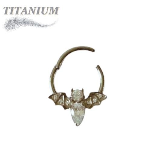 Titanium Hinged Ring with CZ Bat Front Facing Center