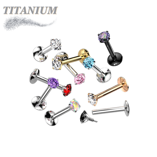 EASY FIT Titanium Internal Thread Prong CZ Labret with Extended Threading