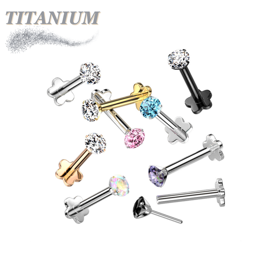 Titanium Threadless Labret Combo with 5 Petal Base and Prong Set CZ Top