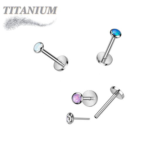 Threadless Titanium Labret with Opal Bezel Set Flat Top (4mm Base)