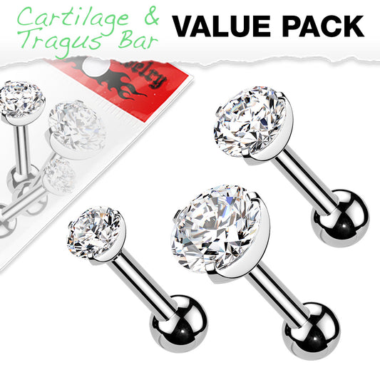 3pc Set of Assorted Surgical Steel Cartilage Barbell with Clear Round Top